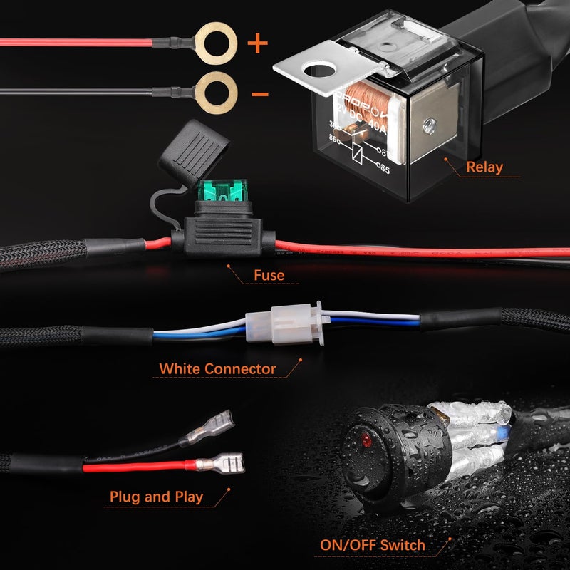 Auto Power Plus LED Light Bar Wiring Harness Kit Auto Power Plus 450W 12V 30A Fuse Relay 1 Lead Off Road Driving Light Wiring Harness Fog Lights Work Cube Light LED Pod Lights Wire Kit for Jeep Truck UTV ATV Boat - Image 2